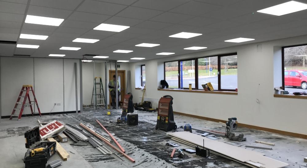LED lighting and partitioning in progress.